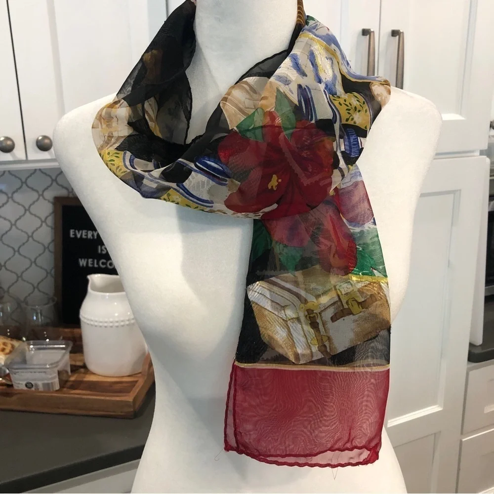 Vintage Liz Claiborne Scarf Wrap Vacation Time Travel Novelty Print Rectangular